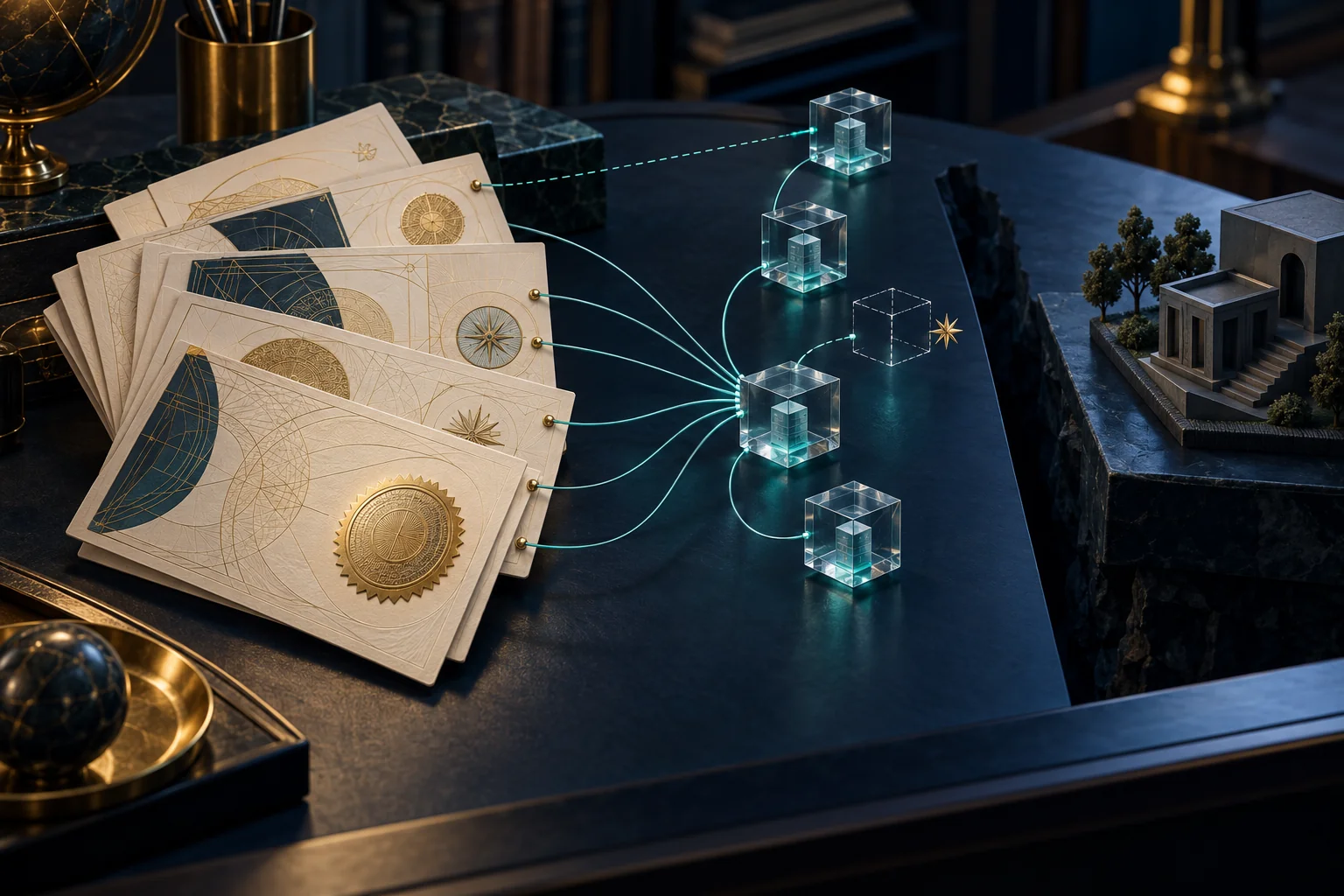 Illustrated certificate cards connected to glass branches, separated from a building model