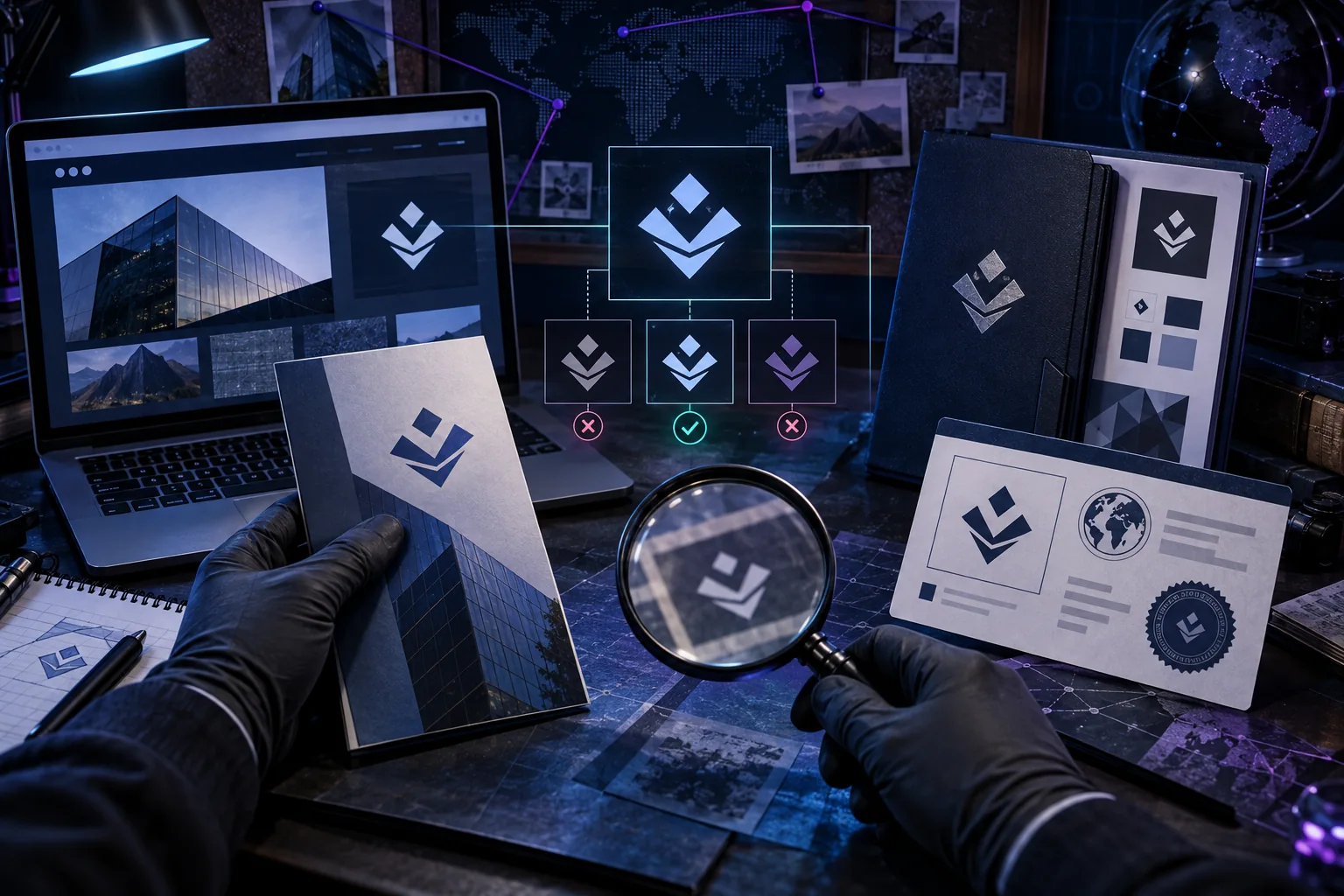 تحلیلگر در حال مقایسه یک نشان هندسی ساختگی در سایت، بروشور، بسته هویت برند و سابقه عمومی علامت تجاری
