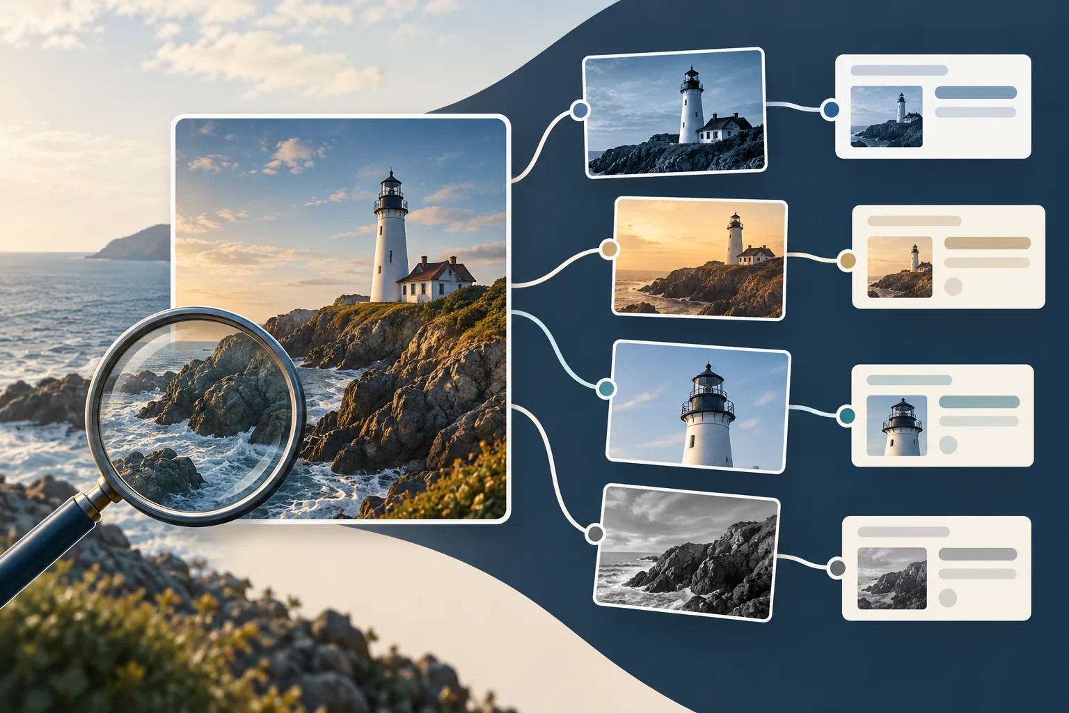 A fictional lighthouse photo branching into cropped and altered versions on separate pages