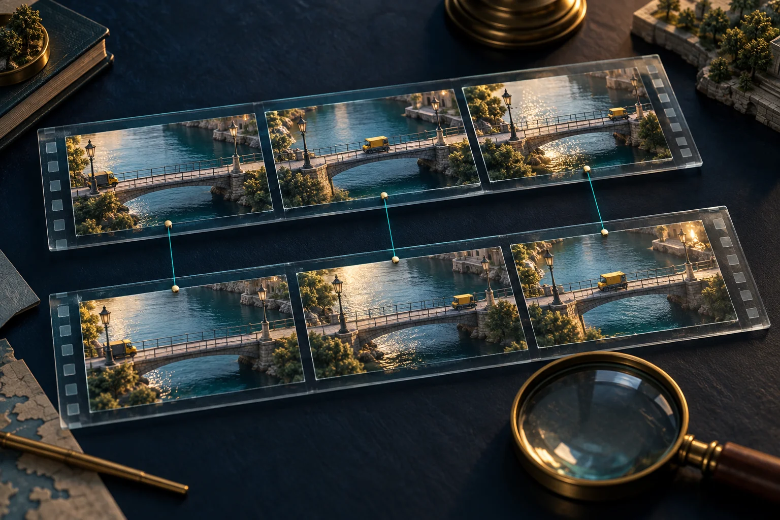 Two illustrated video strips with corresponding bridge scenes arranged in different orders