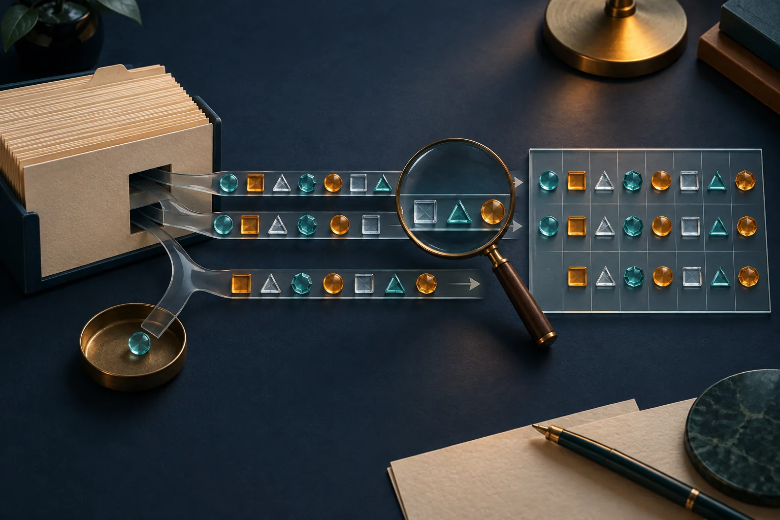 Illustration of ordered tokens entering a grid, with one token lost along a separate path