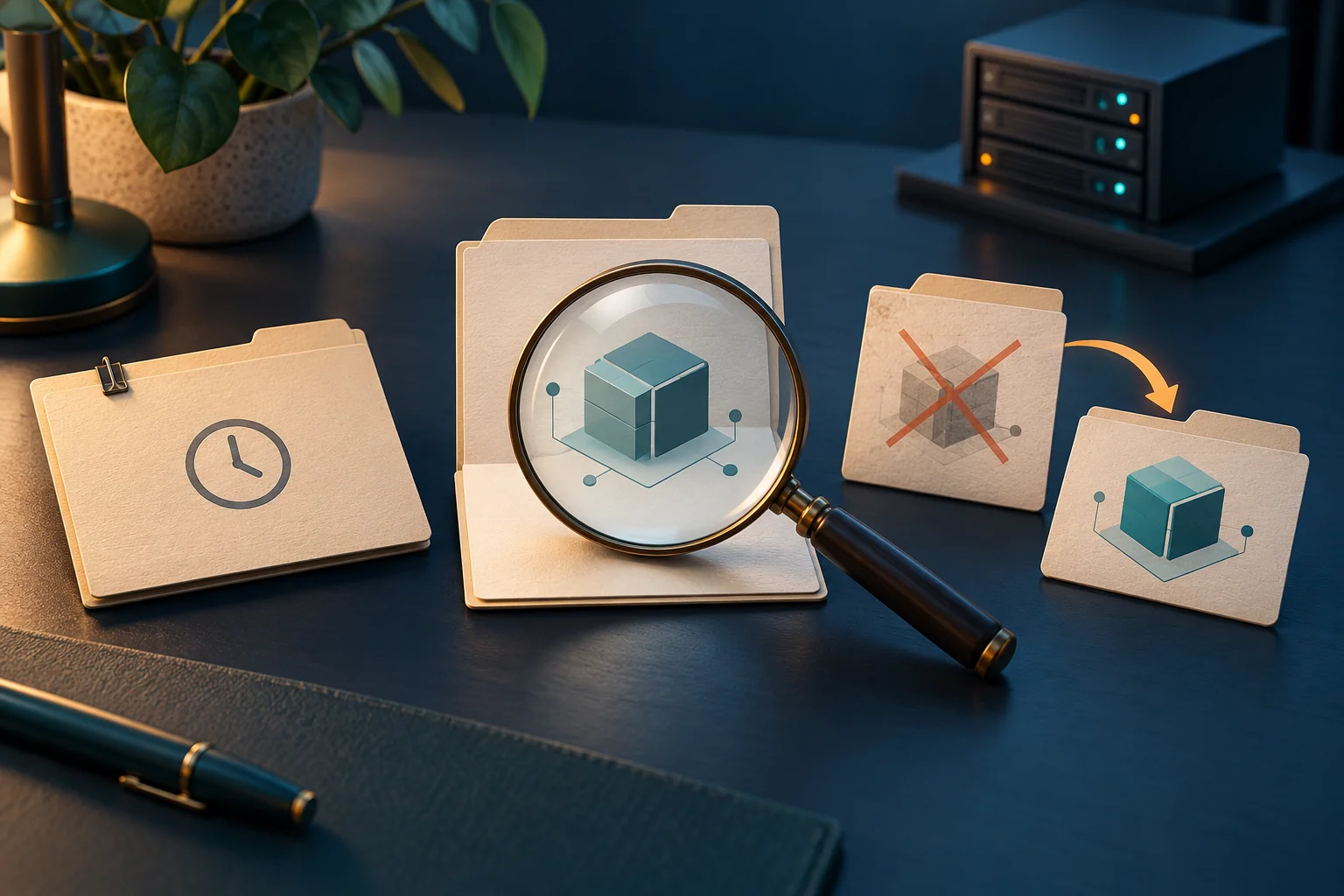 Illustrated vulnerability files with a clock, an examined software cube and a link to a replacement record