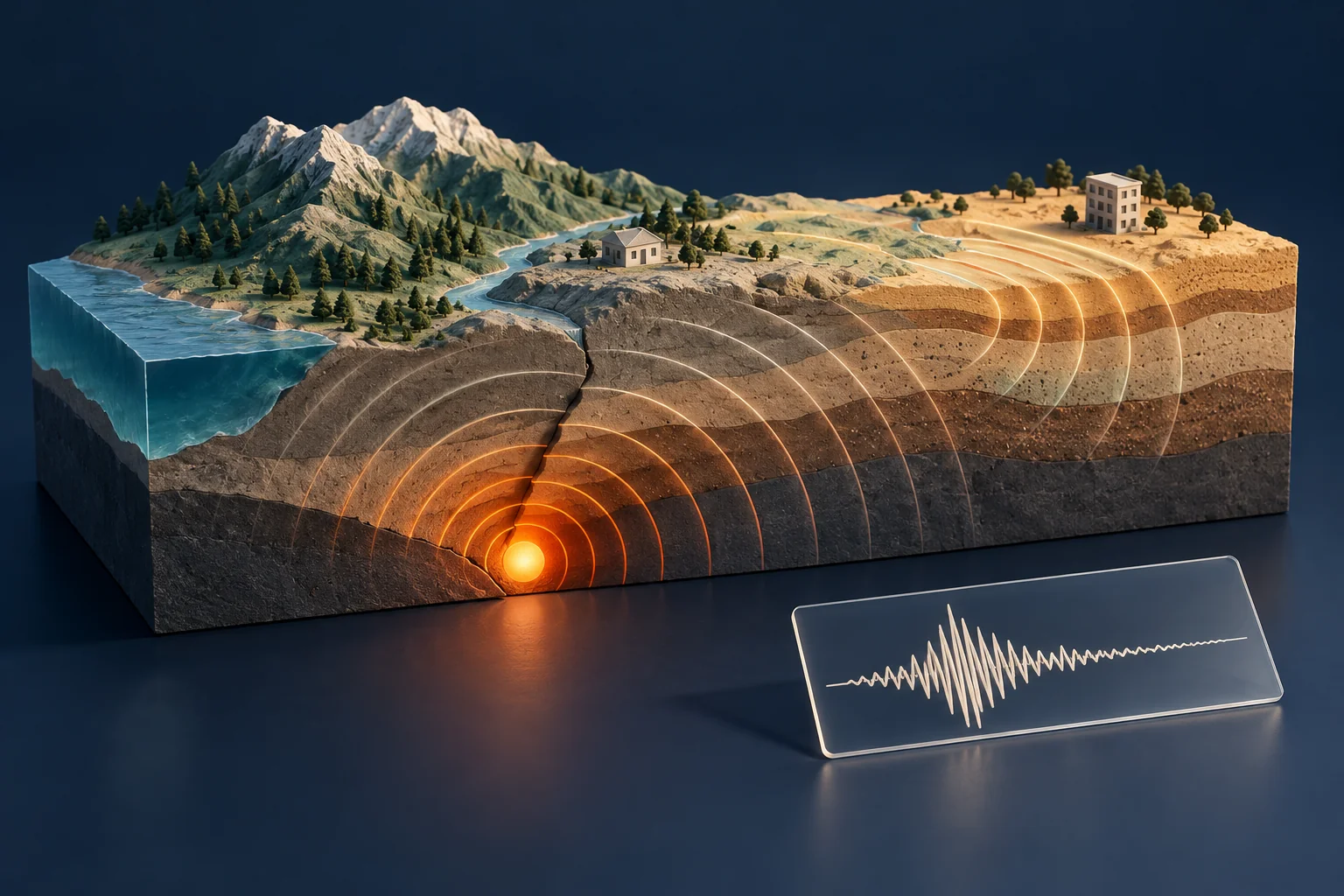 Conceptual terrain cutaway with waves from a subsurface source and buildings at different locations