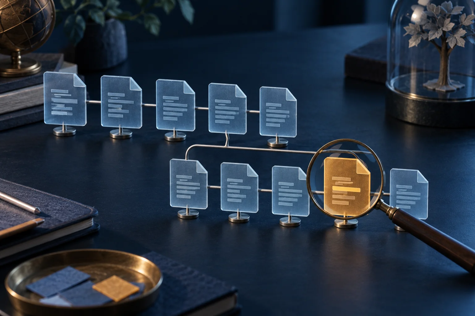 A branch of inherited file cards with one changed card examined under a magnifying glass