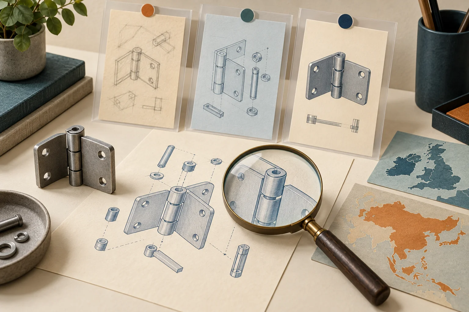 A mechanical hinge, technical drawings and separate geographic tiles examined through a magnifying glass