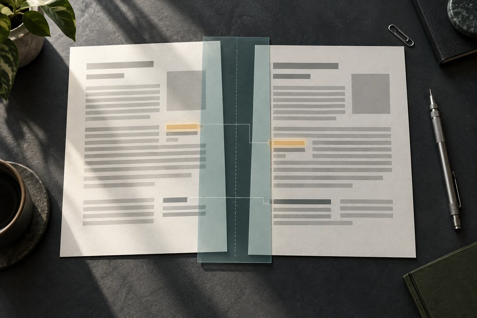 Two abstract report pages side by side with a transparent comparison sheet highlighting a moved block