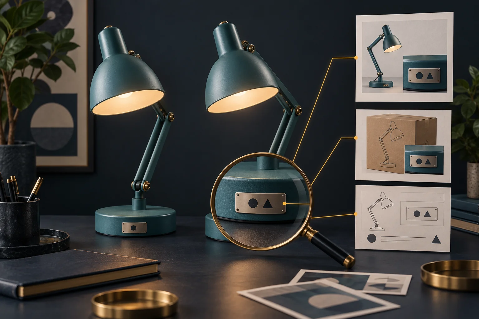 Conceptual illustration of two similar desk lamps with different identification plates being compared with product records