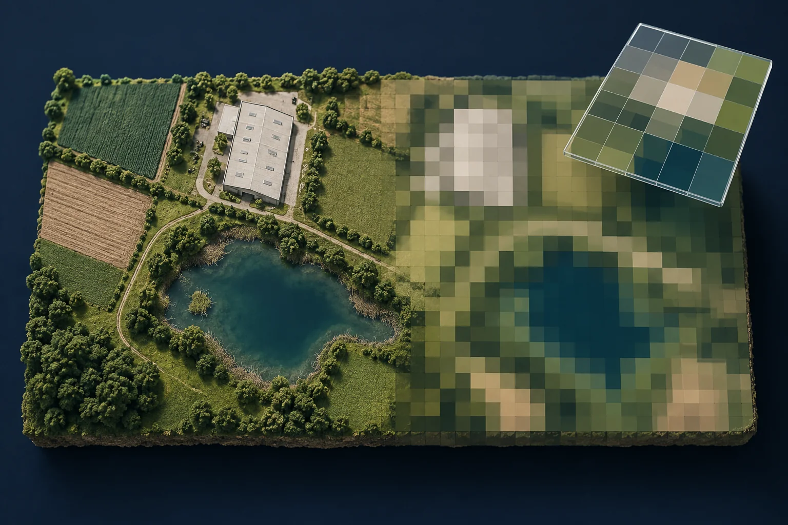 Conceptual miniature landscape changing into a coarse pixel mosaic beneath an enlarged grid
