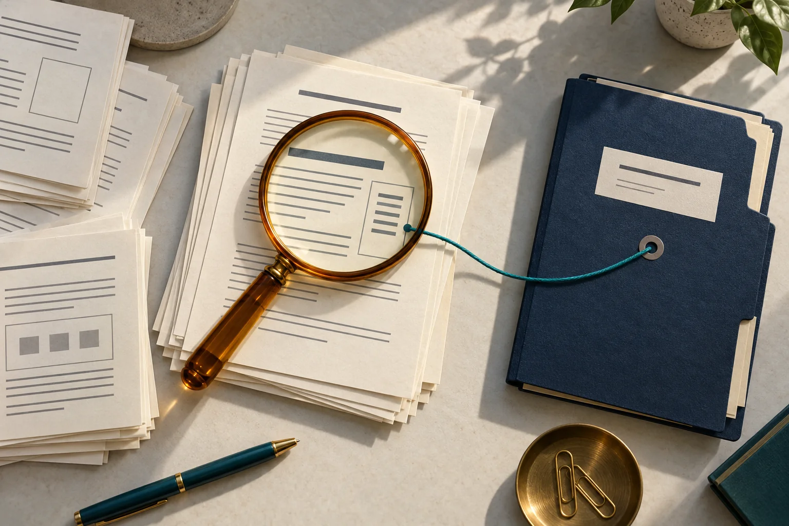 A magnifying glass isolates one document connected by a teal thread to its source folder