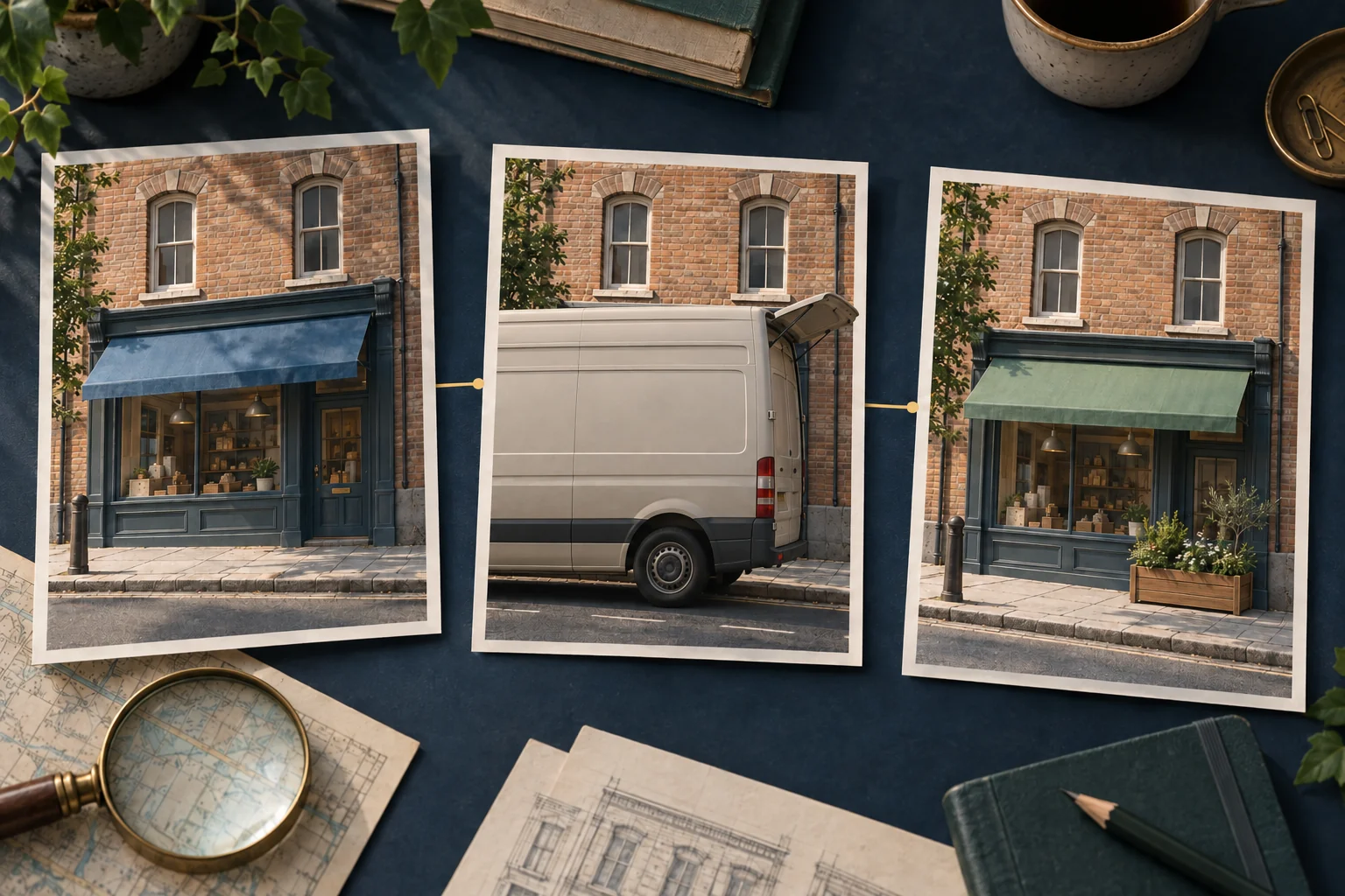 Original conceptual illustration of three views of the same shopfront, with a van obscuring the middle view and a changed awning in the last